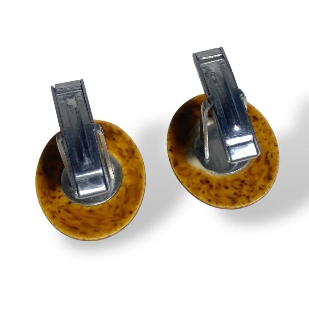 VTG Amber Brown Oval Cufflinks Silver tone Men Formal Wear Wedding Accessories